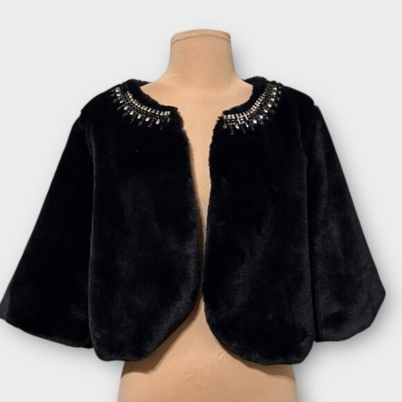 Luxurious Faux Fur Jacket Capulet M Black Jeweled Collar Classic Glam Formal EUC - Picture 1 of 6
